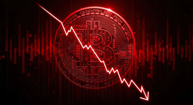 Red bitcoin market crash with downward trend graph