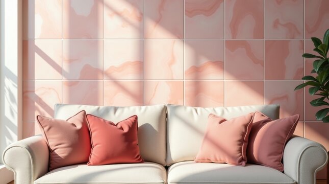 Living contempor&aacute;neo con un lujoso sof&aacute; beige neutro adornado con cojines vibrantes
