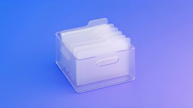 Organizing Digital Files: Isometric 3D Render of Transparent Folders in a Clear Container on Gradient Background