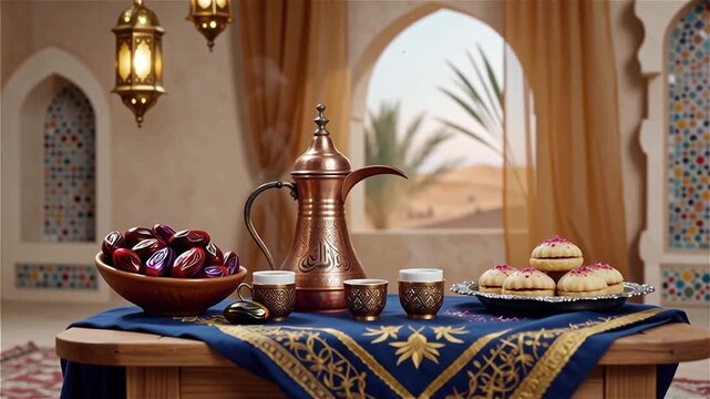 Elegant Traditional Arabic Coffee Service with Dates and Sweet Pastries in a Luxurious Desert View Setting