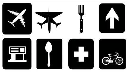 Obraz premium Collection of Essential Public Service Icons: Airplane, Food, Fuel, Medical, Direction & Transport Pictograms