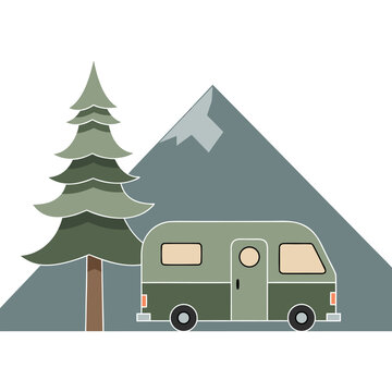 A green camper van parked beside a pine tree in front of a majestic mountain
