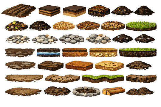 Collection of various soil types and textures displayed in a grid format for educational purposes about earth materials