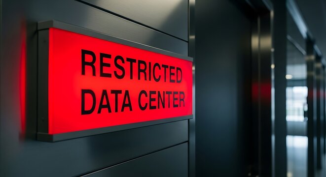 Red Restricted Data Center Sign in Modern Corridor restricted data center sign, red sign, security, access