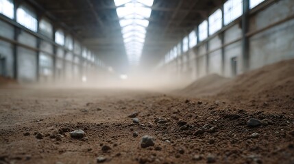 A vast low angle view inside a dusty empty industrial warehouse with dramatic shafts of light piercing through skylights to illuminate the