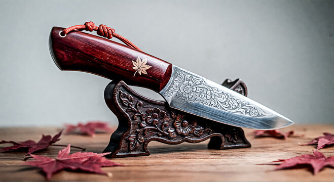 Ornate Handcrafted Knife with Floral Engravings and Wooden Handle on Stand