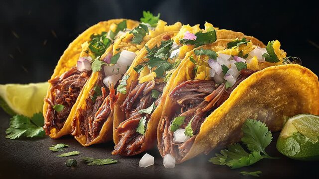 Birria Tacos with meat on dark background with smoke