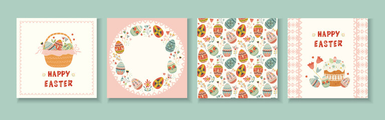 Set of hand drawn Easter greeting cards with decorative eggs, cake, floral elements in folk style Chalk texture illustration in soft pastel palette, perfect for holiday stationery, invitations, prints © Катерина Фирсова