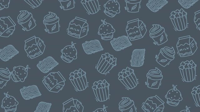Seamless hand drawn snack food icons pattern on a muted blue background great for packaging wallpaper web backgrounds cafe branding and surface design projects.