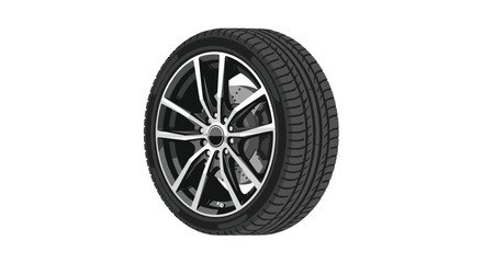 Obraz premium A single automotive wheel with a black tire and a shiny silver and black multi-spoke alloy rim is displayed on a plain white background.