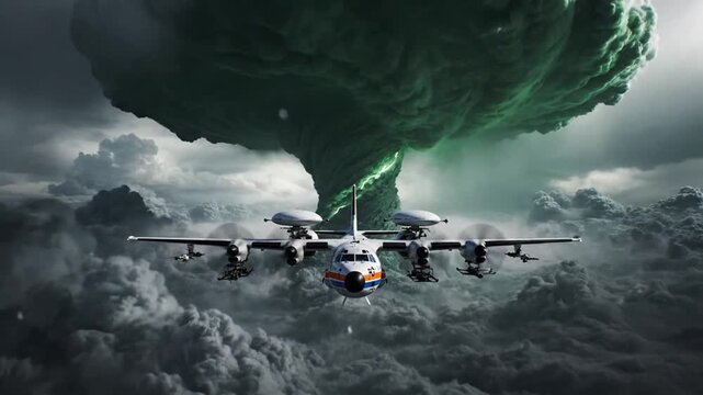 Advanced surveillance plane flying through powerful storm with lightning