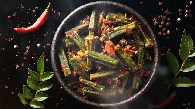 Bhindi Masala in dish on dark background and top view with smoke