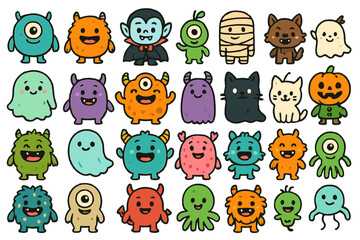 Fototapeta premium Colorful cartoon monsters and Halloween characters in a playful group design for kids