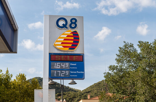 Teulada, Sardinia, Italy - October 3, 2025: Sign of a Q8 branded service station, part of Kuwait Petroleum International, located in Teulada.