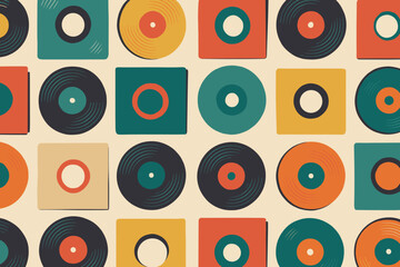 Colorful vinyl records arranged on a flat surface in a playful pattern showcasing various designs and colors