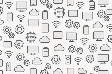 Pattern of computer and technology icons in black and white showing various devices and elements related to digital devices
