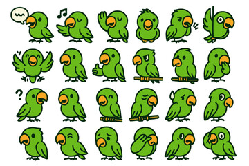 Fototapeta premium Different types of green birds showing various actions on a white background