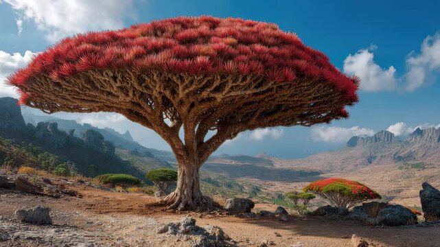 Large dragon blood tree stands on rocky ground overlooking a valley with mountains under a blue sky during daytime