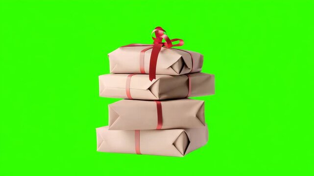 A stack of wrapped Christmas gift boxes sits on a green background. The boxes have ribbons and offer ideas for holiday gifts. This display showcases simple gift wrapping