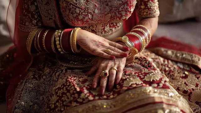 Bridal attire worn by a woman sitting in a traditional setting with intricate jewelry and henna designs during a wedding ceremony