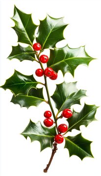 Sprig of vibrant holly wit green leaves and bright rd berries isolated on whit background, a festive decration