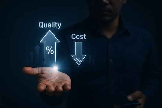 An open palm holds glowing virtual arrows indicating "quality" rising and "cost" decreasing in business.