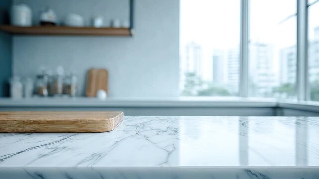 Empty marble kitchen countertop with a wooden board and blurred background