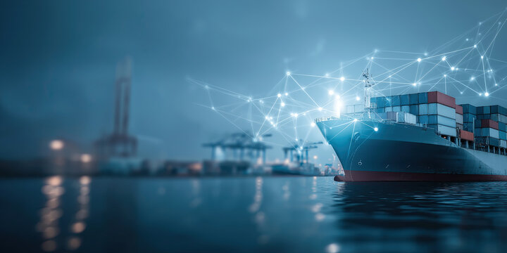  Large container ship at harbor glowing with connected digital network lines at dusk.

