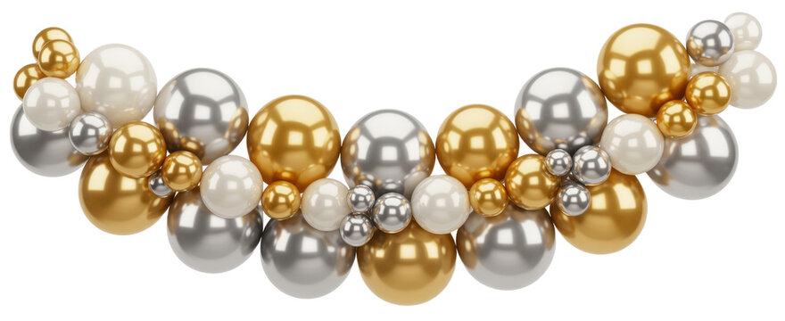 Gold silver and white balloons cluster isolated on a transparent background