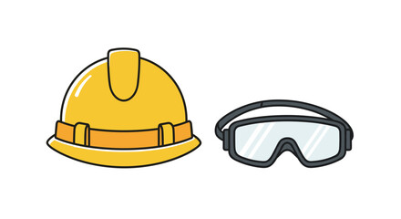 Fototapeta premium A yellow safety hard hat and transparent protective goggles are placed side by side against a clean white background.
