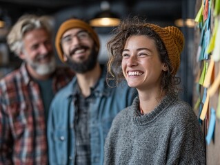 Fototapeta premium Group of friends smiling and enjoying time together in a cozy indoor space during a casual gathering at a creative workplace