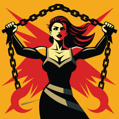 Empowering vector art of a woman breaking iron chains, symbolizing liberation, freedom, and overcoming oppression with determination.