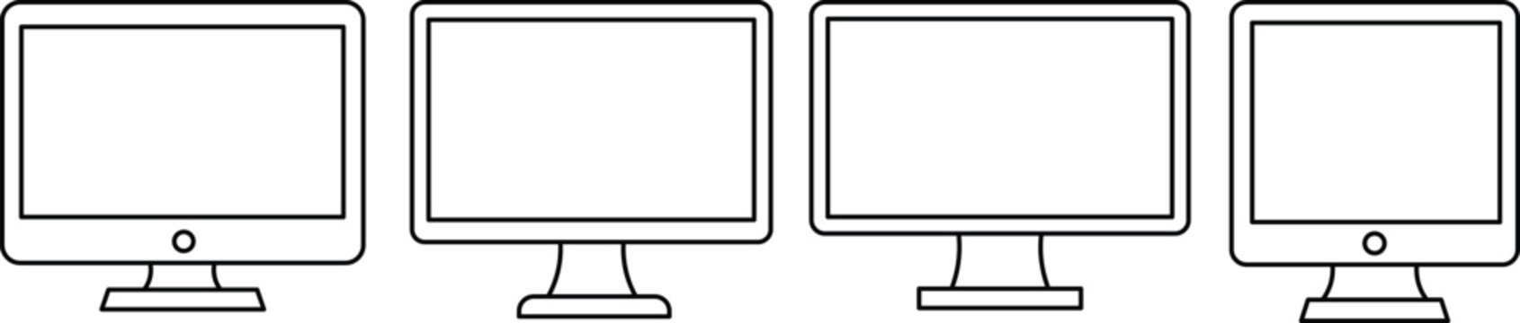 Four black outline computer monitors side by side technology display