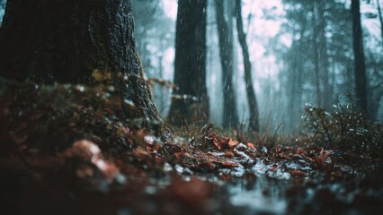 Obraz premium Rainy forest floor with leaves and puddles