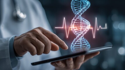 Doctor analyzing DNA helix and heartbeat on tablet, representing genetic research and healthcare innovation