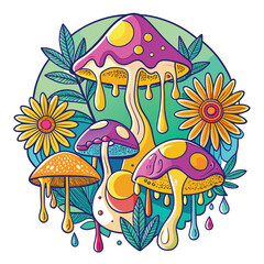 Psychedelic vector illustration of melting forest trees, evoking a surreal, dreamlike, and environmentally conscious mood.