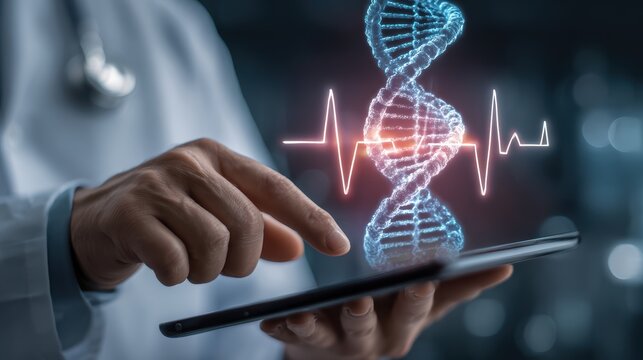 Doctor analyzing DNA helix and heartbeat on tablet, representing genetic research and healthcare innovation