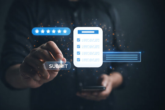 Online customer feedback form submission with five star rating and digital survey interface