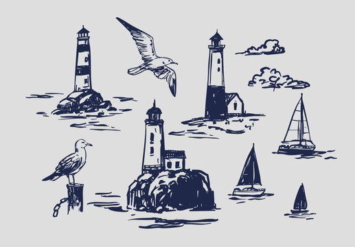 Marine objects, seaside, lighthouses, seagulls, doodle, monochrome illustrations, hand-drawn vector sketches.