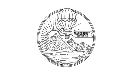 Hot Air Balloon Over Mountains and Lake, Wanderlust Souvenirs Logo