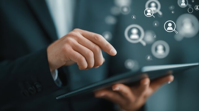Business professional using tablet with digital interface showing people search icons