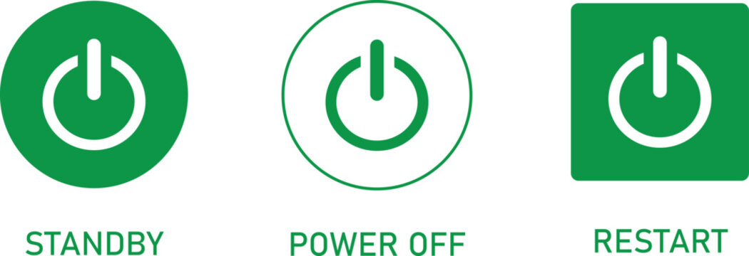 Three green power buttons with standby power off restart text