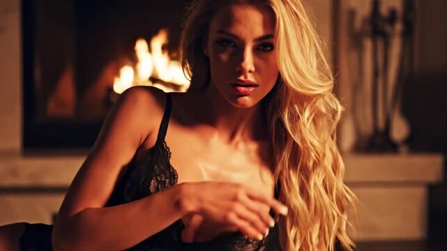 Sensual blonde woman in black lingerie enjoying a cozy moment by the warm glow of a fireplace, exuding relaxation and intimacy in a peaceful indoor setting