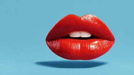 Obraz premium Close-up of glossy red lips with white teeth against a solid blue background, showcasing vibrant color and smooth texture for beauty and cosmetic themes