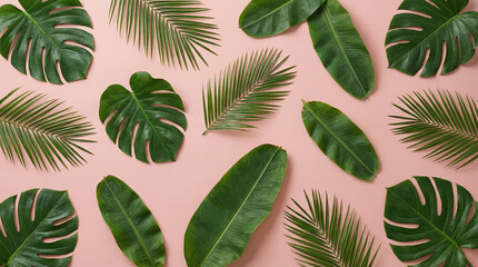 Tropical leaves pattern with monstera and palm foliage on pink background, exotic botanical summer design for wallpaper, textile, fabric and surface pattern © ogsolmaz