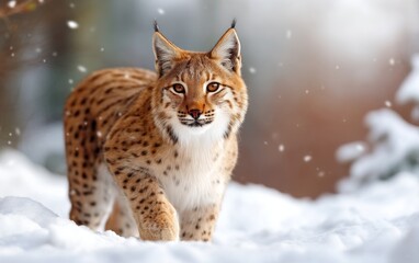 Fototapeta premium Lynx Walking Through Snow with Delicate Snowflakes Falling Down