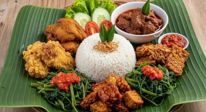 Indonesian Nasi Campur: Rice, Fried Chicken, Rendang, Tempeh, Vegetables, Sambal