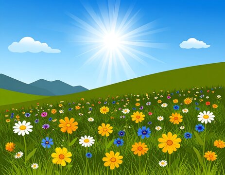 Sunny meadow with wildflowers in bloom, rolling hills, blue sky, and fluffy clouds
