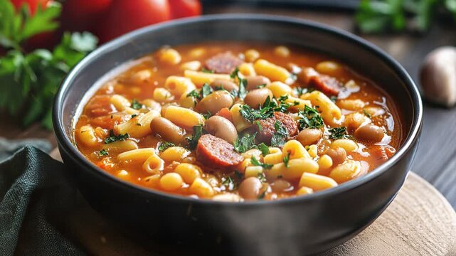 Bean and pasta soup with sausage named Porotos con Riendas with smoke