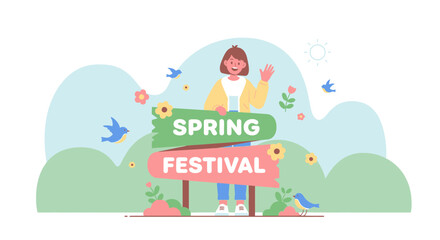 Naklejka premium Joyful Spring Festival Celebration With Waving Girl And Birds